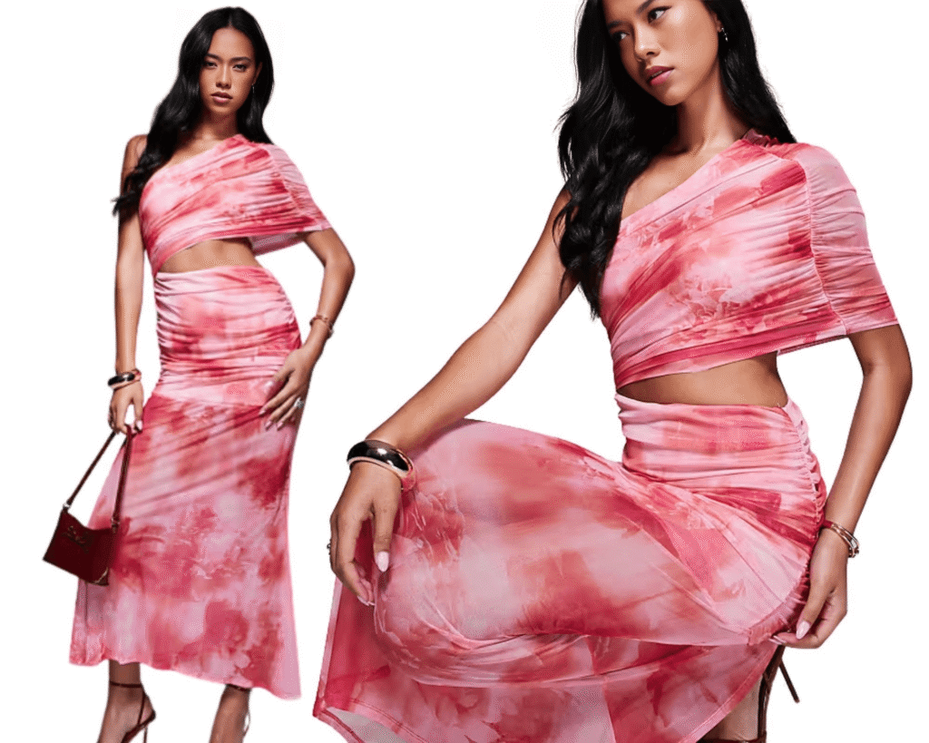 ASOS DESIGN pink floral one-shoulder maxi dress – bold romantic summer fashion 2025 trend for vacations, weddings, and beach soirées.