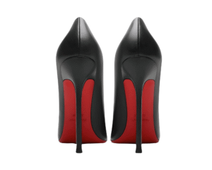 Back view of luxury black stilettos with red soles, inspired by iconic designer heels, a trending fashion must-have for 2025