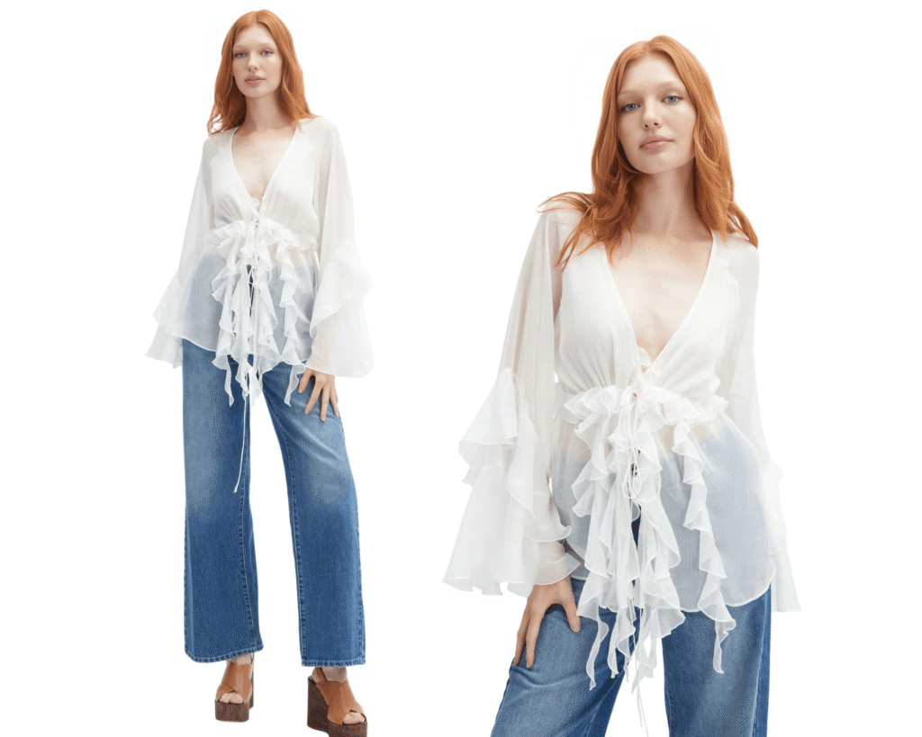 Bardot Rosalo Ruffle Top – sheer white statement blouse with cascading ruffles and tie front, featured in TikTok Fashion Trends 2025 on Styled and Strolling blog.