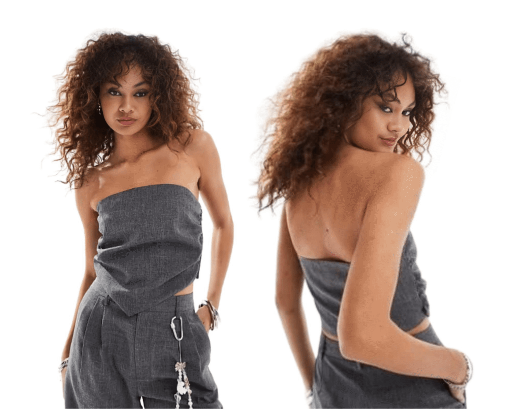 COLLUSION Tailored Hanky Hem Bandeau Top – edgy strapless crop top with asymmetrical hemline featured in TikTok Fashion Trends 2025 on Styled and Strolling blog.