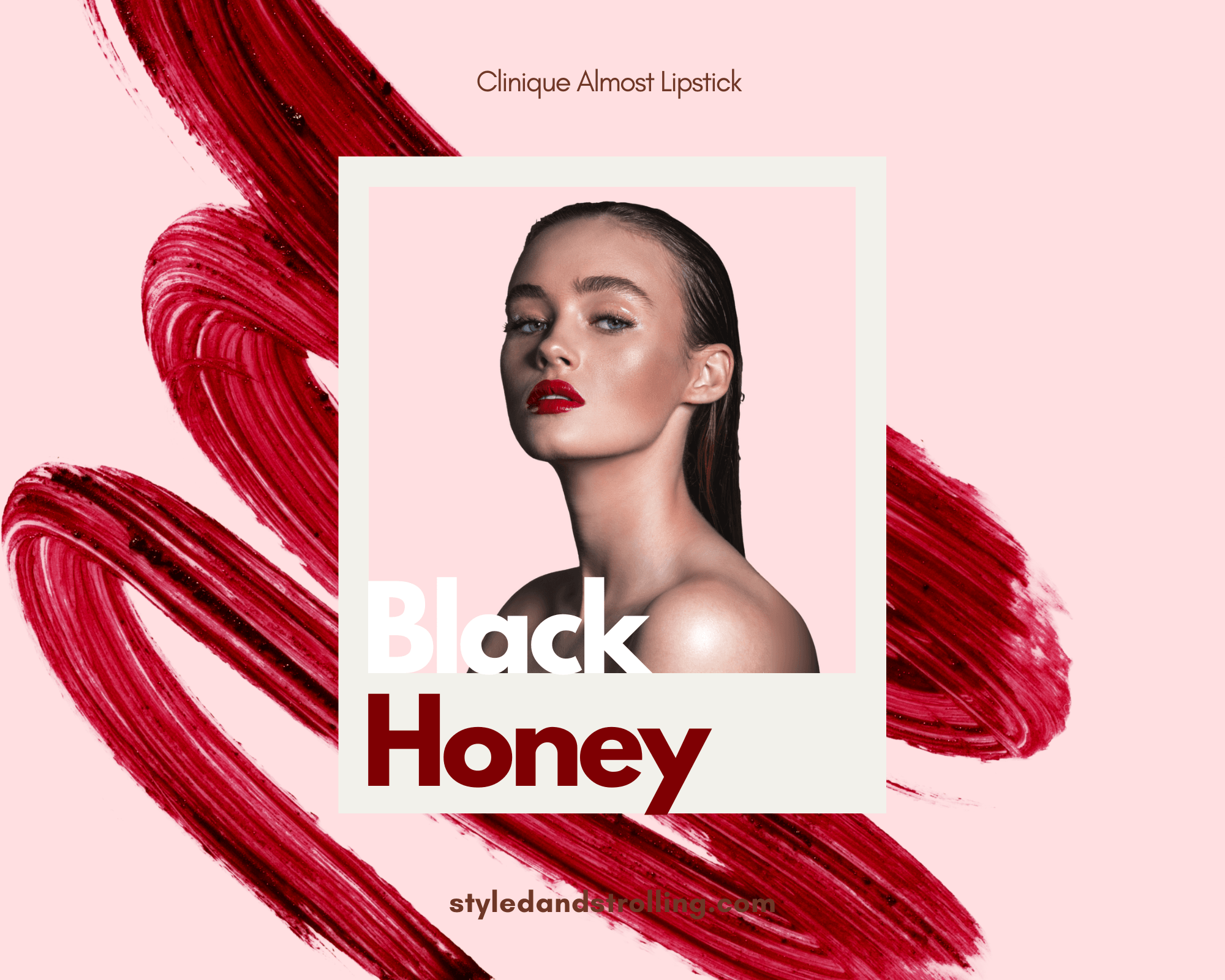 Clinique Almost Lipstick Black Honey ad featuring model with glossy berry lips on pink background with bold lipstick swatches, tik tik viral beauty products 2025