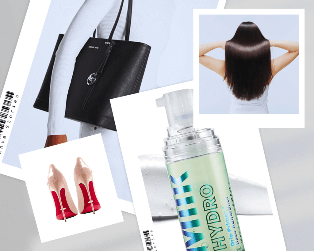 Collage featuring trending beauty and fashion products including Milk Hydro Grip Primer, luxury red bottom pumps, glossy straight hair, and a Michael Kors black tote bag. - 15 Must-Have Fashion and Beauty Finds for 2025