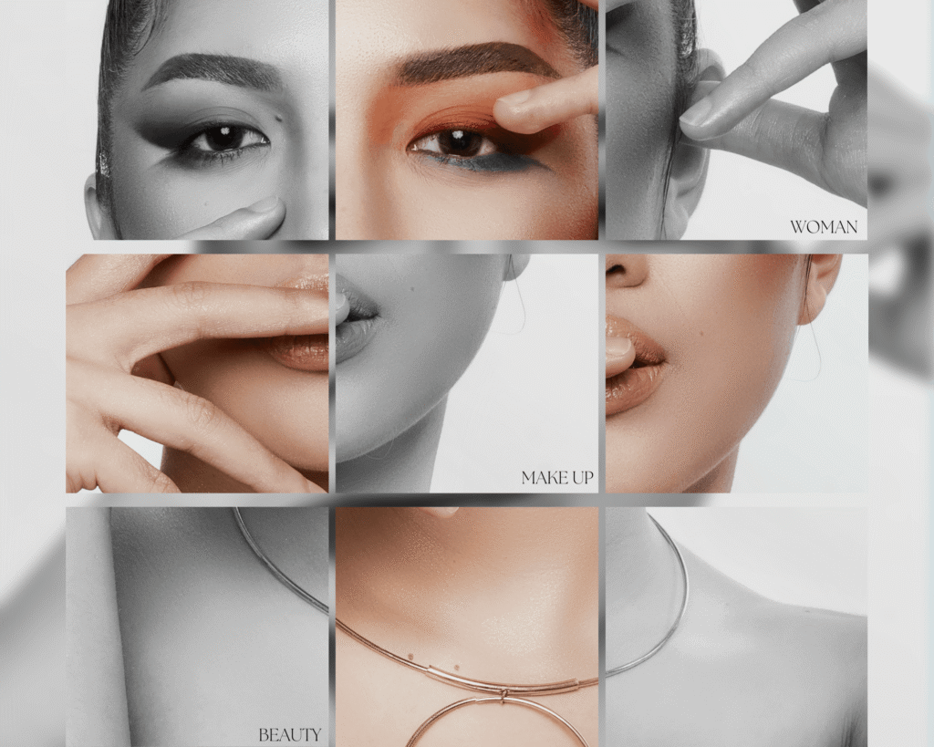 Collage of modern beauty and makeup closeups featuring bold eyeshadow, glossy lips, and minimalist gold jewelry, highlighting 2025 beauty trends