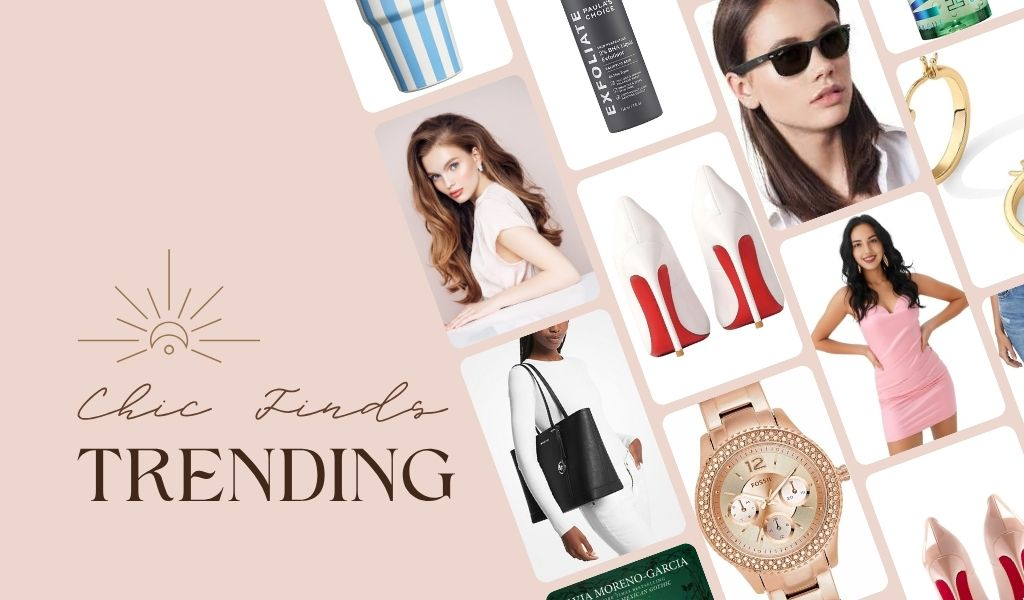 Collage of trending fashion and beauty products including heels, designer accessories, skincare, and stylish outfits with 'Chic Finds Trending' text on blush pink background