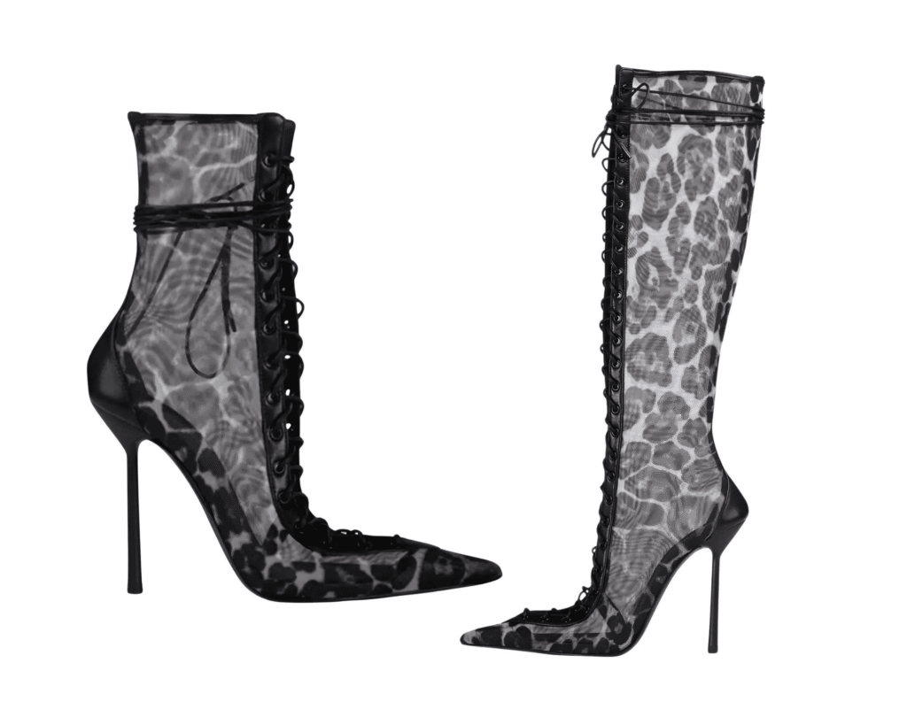 Drestiny lace-up stiletto boots – edgy animal print high heels for bold Summer Fashion 2025 looks, night-out glam, and fashion-forward streetwear.