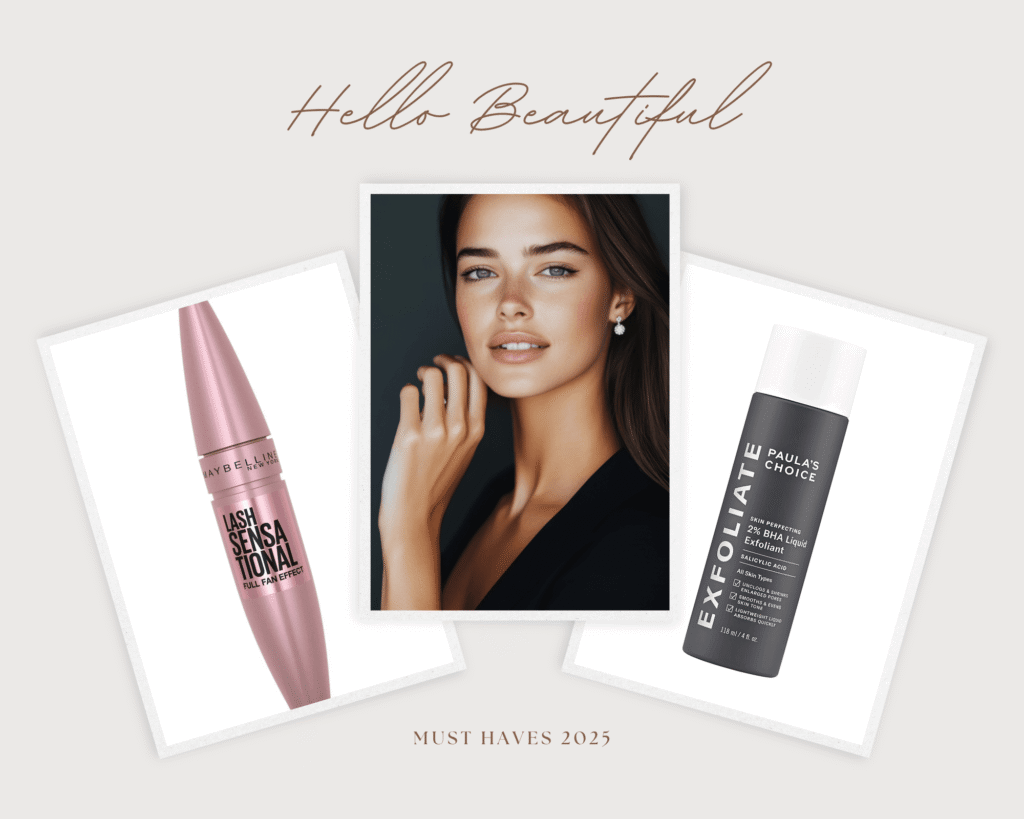 Flat lay featuring Maybelline Lash Sensational mascara, Paula's Choice BHA exfoliant, and a model with glowing skin, showcasing 2025 must-have beauty products