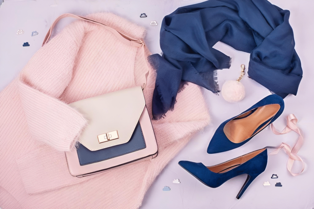 Flat lay of stylish women's fashion items including a pink fuzzy sweater, navy blue high heels, a matching scarf, and a cream and navy handbag