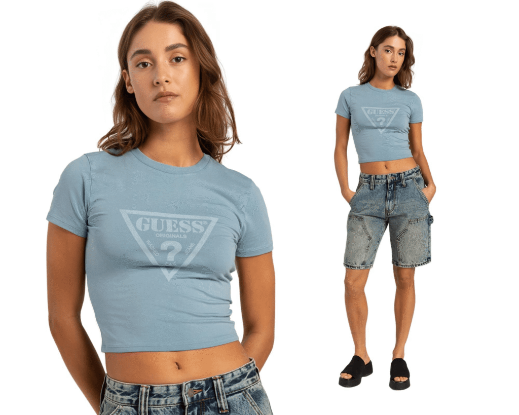 GUESS ORIGINALS Vintage Triangle Women’s Baby Tee – retro blue crop top with logo print, featured in TikTok Fashion Trends 2025 on Styled and Strolling blog.