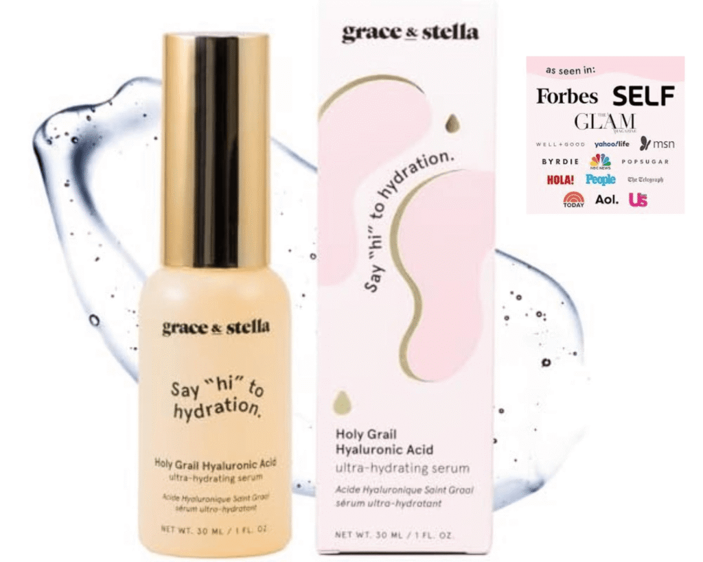 Grace & Stella Award Winning Hyaluronic Acid Serum bottle and packaging, with "Say hi to hydration" text and 'As seen in' logos, perfect for a TikTok beauty finds 2025 blog on trending skincare.