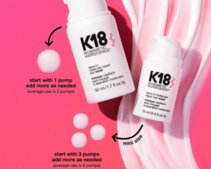 K18 Biomimetic Hairscience leave-in molecular repair hair mask with dosage instructions and product sizes displayed on pink background