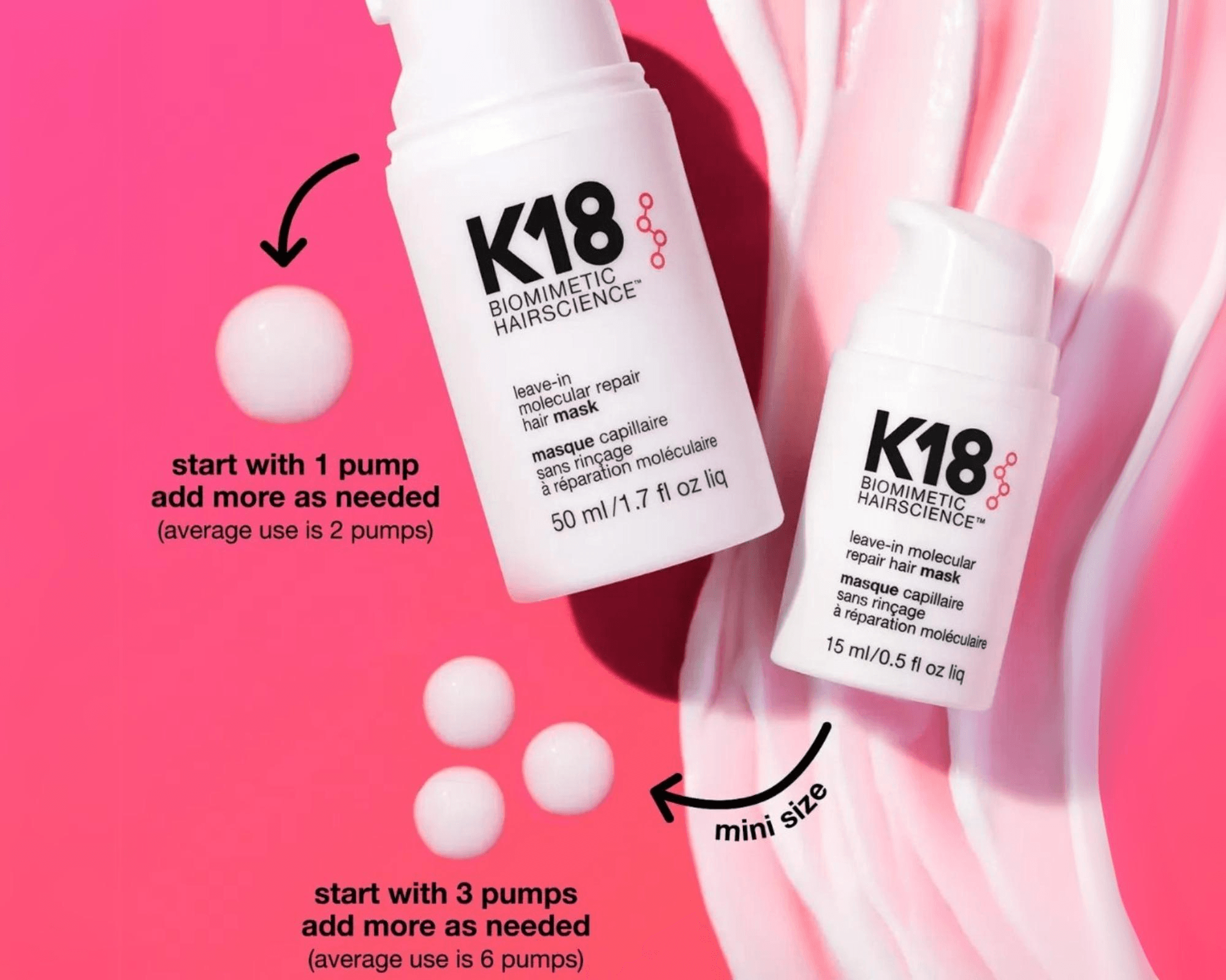 K18 Biomimetic Hairscience leave-in molecular repair hair mask with dosage instructions and product sizes displayed on pink background