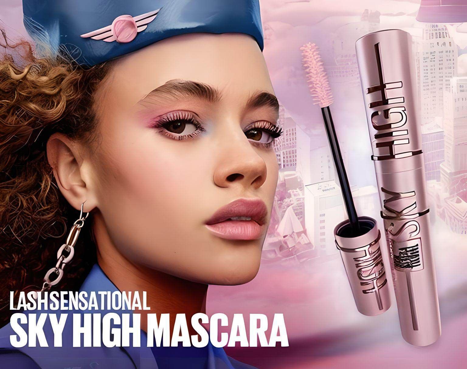 Maybelline Lash Sensational Sky High Mascara ad featuring model with voluminous lashes and bold eye makeup on dreamy pink background
