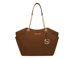 Michael Kors Jet Set Travel large tote bag in brown with gold chain straps and MK logo charm, designer handbag for everyday use or travel. 15 must-have fashion and beauty finds for 2025