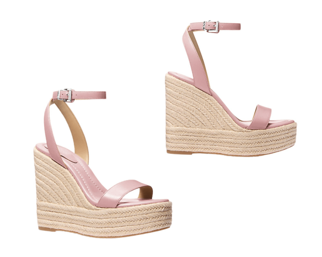Michael Kors Leighton Leather Wedge Sandal – blush pink ankle-strap espadrille with jute platform, trending summer shoe in TikTok Fashion Trends 2025 on Styled and Strolling.