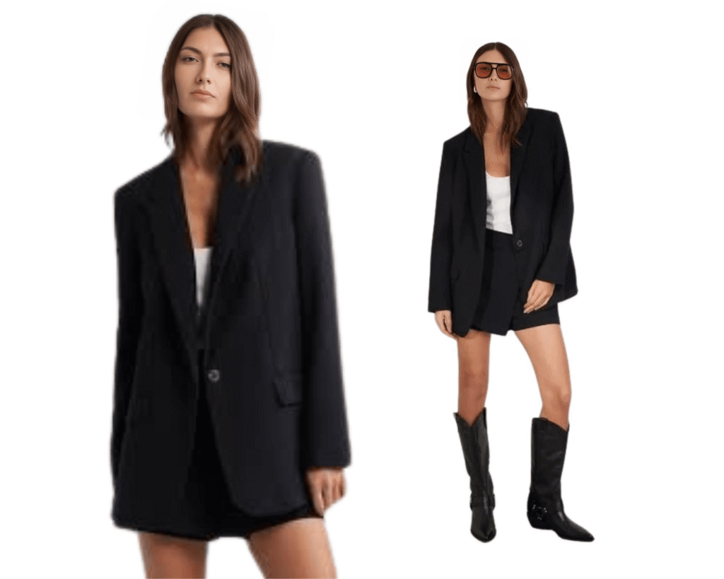 Open Edit The Icon Blazer – oversized black tailored blazer styled with shorts and boots, featured in TikTok Fashion Trends 2025 on Styled and Strolling blog.