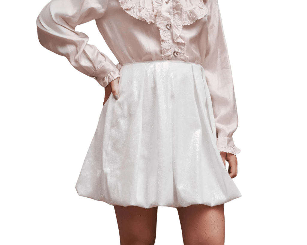 Sister Jane Glass Sequin Bubble Skirt in Ivory – sparkly vintage-style mini skirt with voluminous silhouette featured in TikTok Fashion Trends 2025 on Styled and Strolling blog.