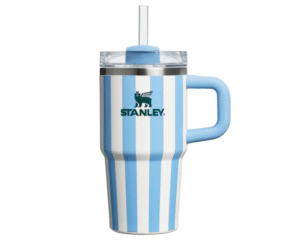 Stanley Quencher H2.0 tumbler in Cornflower Cabana Gloss with blue and white stripes, 40 oz insulated travel cup with handle and straw - 15 must-have fashion and beauty finds for 2025