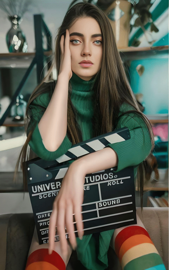 Stylish-woman-in-a-green-turtleneck-holding-a-movie-clapperboard-wearing-vibrant-rainbow-striped-tights-seated-indoors-with-a-confident-expression