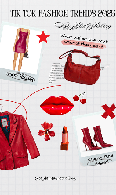 TikTok Fashion Trends 2025 – Cherry red aesthetic with mini dress, heels, lipstick, handbag, and leather blazer featured on Styled and Strolling fashion blog.
