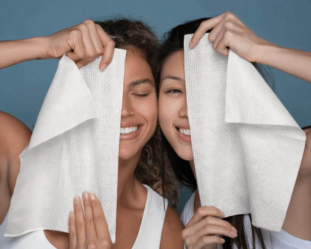 Two diverse women happily holding Clean Skin Club Clean Towels XL over their faces, ideal for a TikTok review on hygienic and sustainable beauty finds 2025.
