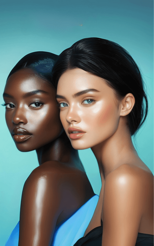 Two-women-with-flawless-glowing-skin-and-glossy-makeup-against-blue-background-showcasing-TikTok-viral-beauty-trends-2025