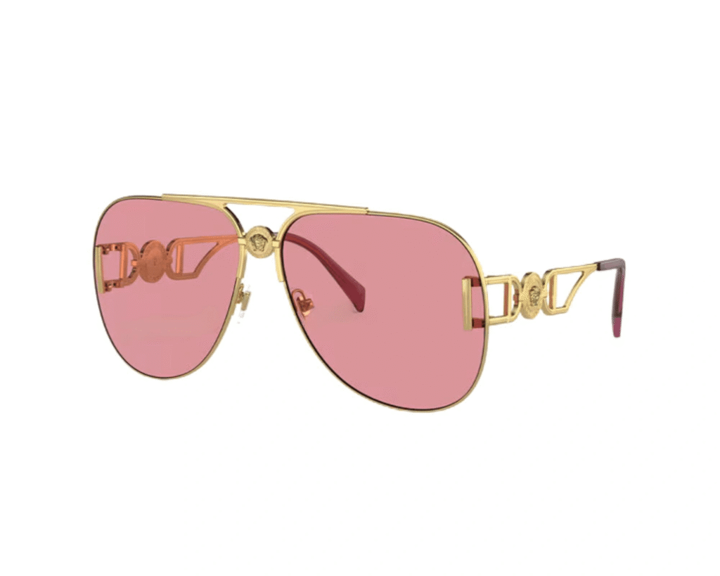Versace Gold Medusa '95 Pilot Sunglasses with pink lenses – iconic luxury eyewear for Summer Fashion Trends 2025, featuring gold hardware and bold Medusa detailing for a glam statement look.