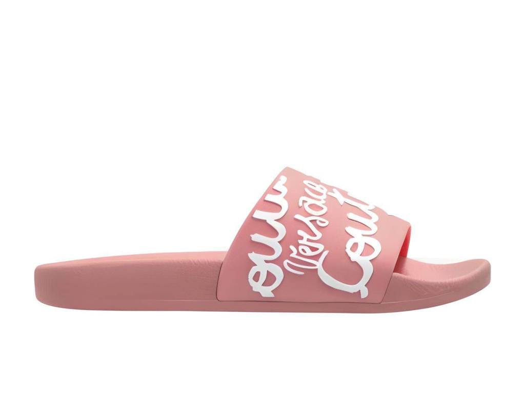 Versace Jeans Couture pink logo slide sandals – bold statement slides for Summer Fashion Trends 2025, featuring raised white script for a stylish beach-to-street look.