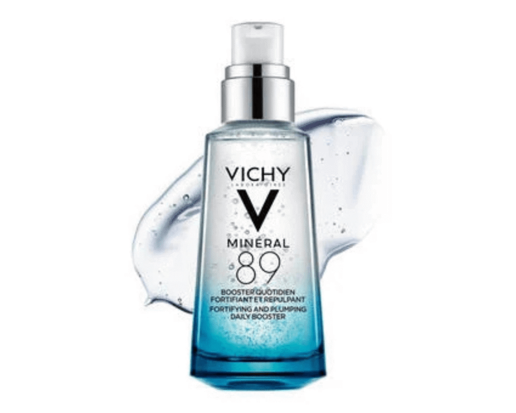 Vichy Minéral 89 Fragrance Free Face Serum Gel Booster bottle with a clear gel swatch, highlighting its hydrating and plumping benefits, ideal for a TikTok beauty finds 2025 skincare review.