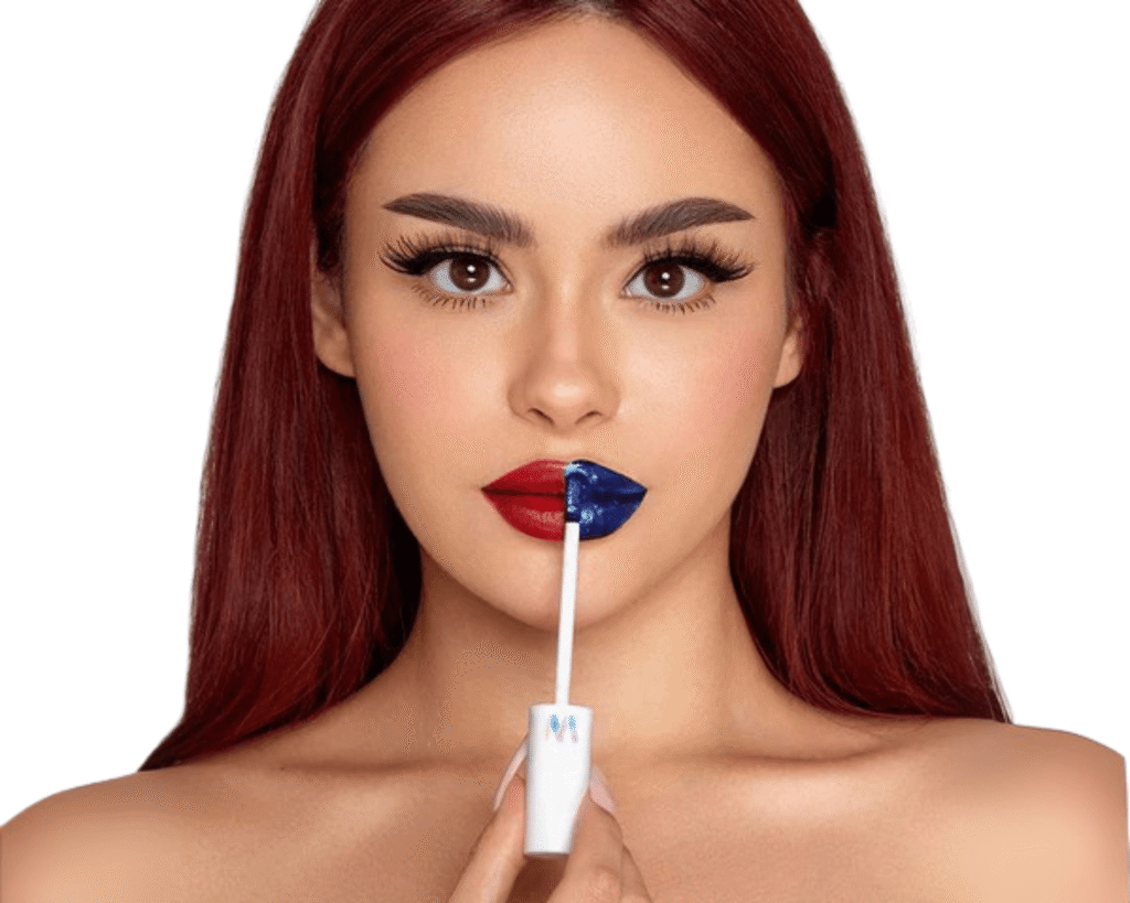 Woman applying Wonderskin Wonder Blading Peel Off Lip Stain in two different shades red and blue to her lips TikTok beauty finds 2025.