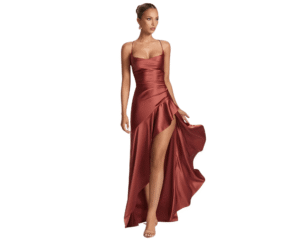 Woman wearing a rust-colored satin split maxi dress with spaghetti straps and thigh-high slit – elegant eveningwear featured in the Budget Fashion 2025 blog post.