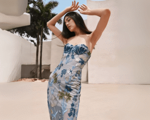 Woman wearing a sheer strapless sequin floral maxi dress – elegant evening look featured in the Budget Fashion 2025 blog.