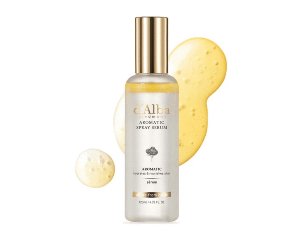d'Alba Piedmont Italian White Truffle First Spray Serum bottle with serum droplets, highlighting its luxurious and hydrating benefits for a TikTok beauty finds 2025 skincare feature.