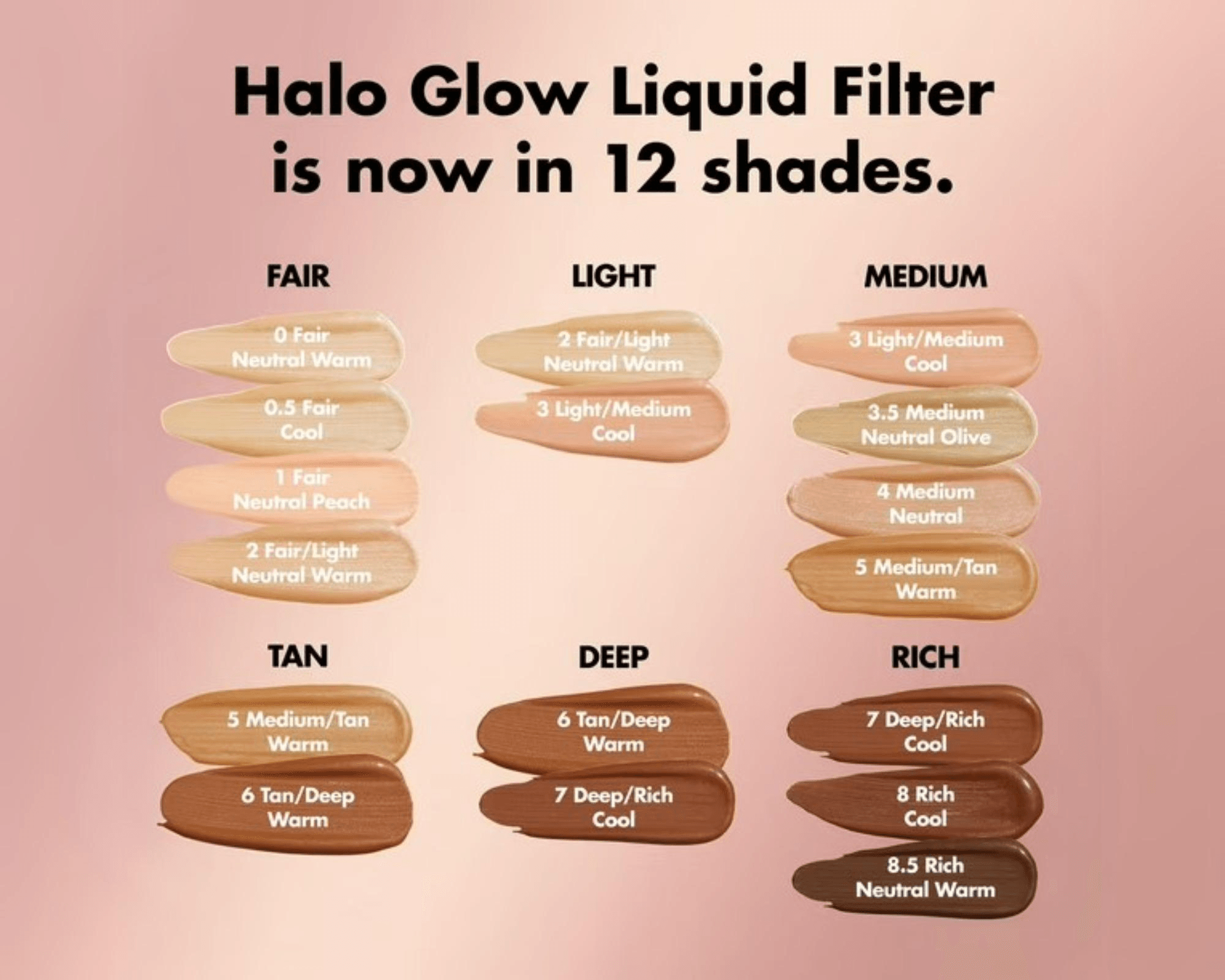 e.l.f. Halo Glow Liquid Filter shade chart showing 12 inclusive shades from Fair to Rich on pink background for viral TikTok viral beauty product 2025