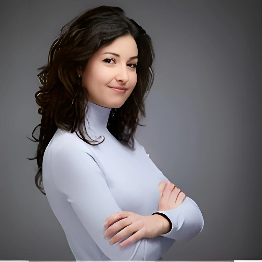 brunette curly haired woman with light indigo turtleneck sweater crossing arms with gradient grey background